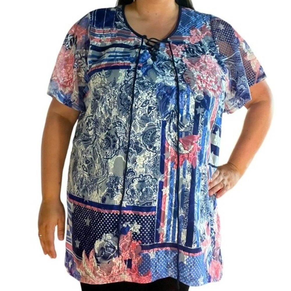 Catherines Lace Front Criss Cross Plus Size Blouse Short Sleeves Women's size 1X